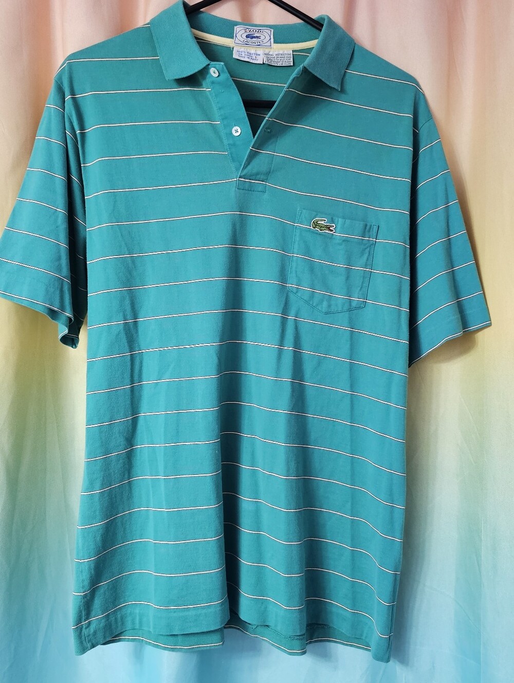 Vintage Izod Lacoste Turquoise Stripe Polo Shirt L 100% Cotton Single Stitch - Picture 2 of 8